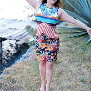 Clover Canyon sz L Signature Neoprene Scuba Sheath Geo Abstract dress